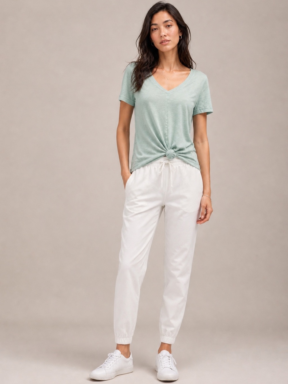 Indyeva V-Neck Tie-Front Tee in Light Sage